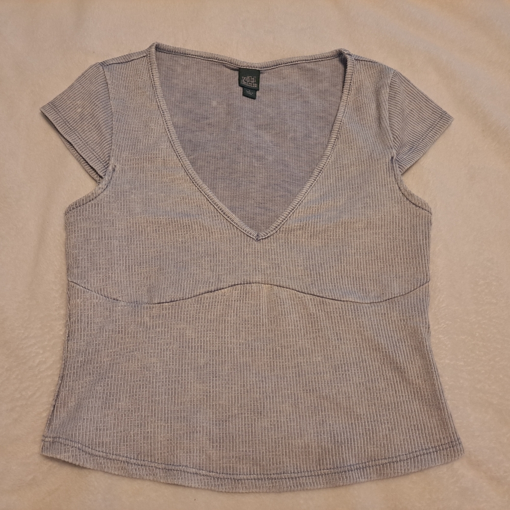 Wild Fable Light Gray Ribbed V-Neck Top